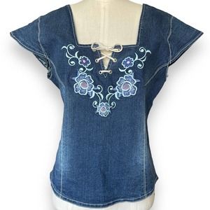 Vintage Y2K Denim Embroidered Flower Corset Tie Front Cap Sleeve Top Size Medium